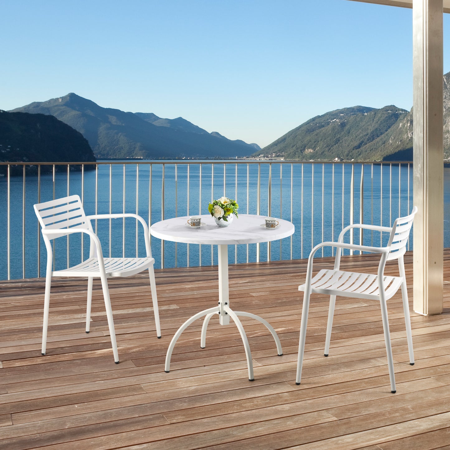Set of 3,Outdoor Patio Metal Dining Table Chair Sets, 29.5'' H Round Marbling Metal Table and 2 Armrest Stack-able Slat Chairs for Patio, Deck, Yard, Weather-Resistance-White