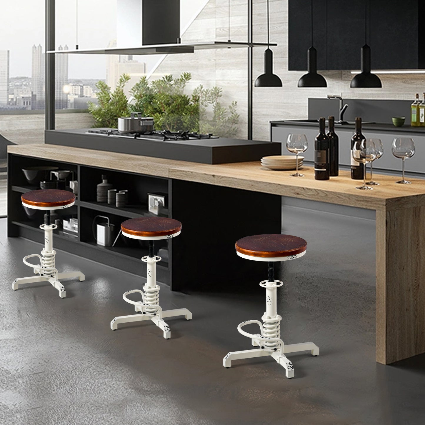 American Antique Steampunk Bar Stool 20.47"-24.41" Vintage Farm Wooden Seat Tractor Stool Kitchen Swivel Height Adjustable bar Stool (Antique White)