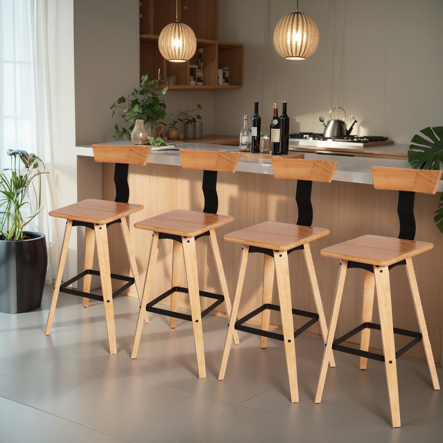 Minimalist Oak Wood Bar Counter Stool with Back Support Armless Barstools Chairs for Kitchen Island Bar Club