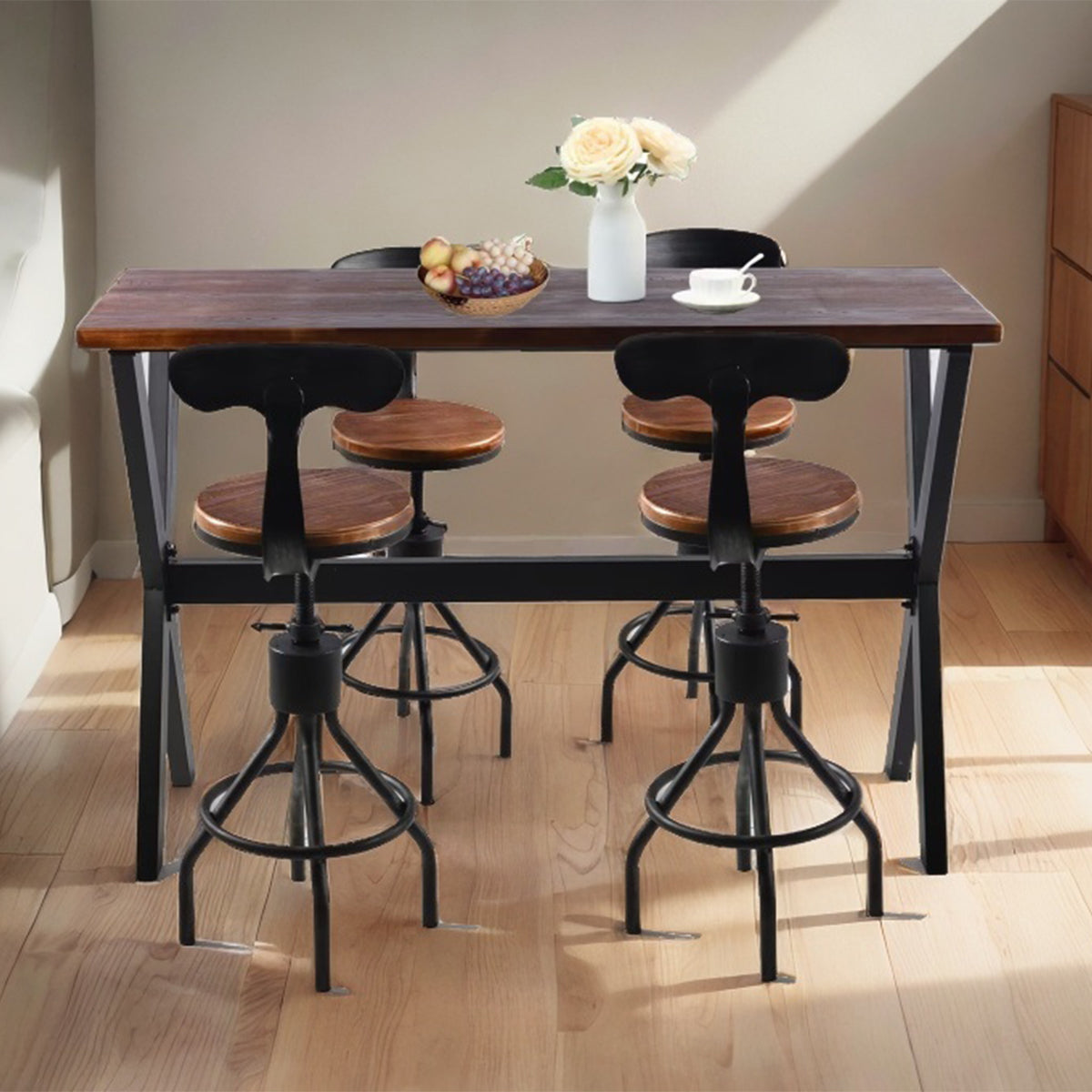 Set Of 5, Table & Chairs Set, Space-Saving Furniture for Home Bar Dining Cafe Pub Party, Industrial Metal & Rustic Brown Wood, Heavy Duty, X-leg Rectangular Table, 4 Swivel Adjustable Bar stools