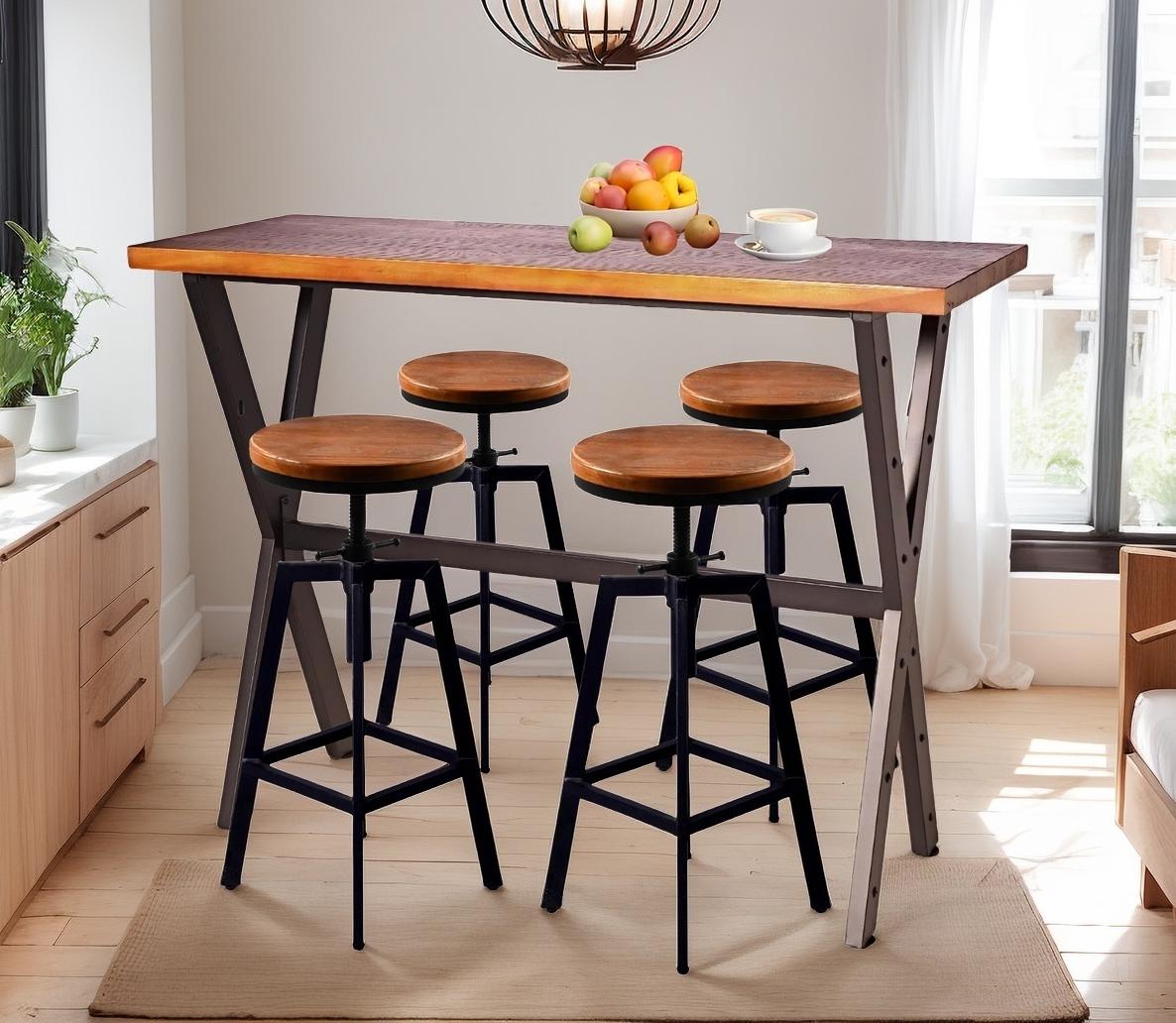 Set Of 5, Table & Chairs Set, Space-Saving Furniture for Home Bar Dining Cafe Pub Party, Industrial Metal & Rustic Brown Wood, Heavy Duty, X-leg Rectangular Table, 4 Swivel Adjustable Bar stools