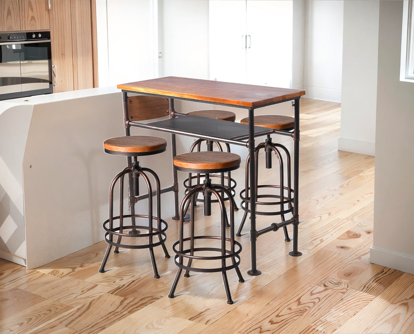 SET OF 5,Table & Chair Sets, Heavy Duty Weld Metal Legs Wood Top, Rustic Brown Industrial Copper, 1×41.34" H Industrial Rectangular Pub Bar Table with Extra Shelf for Storage, 4×26"-32.3"H Adjustable Swivel Stools