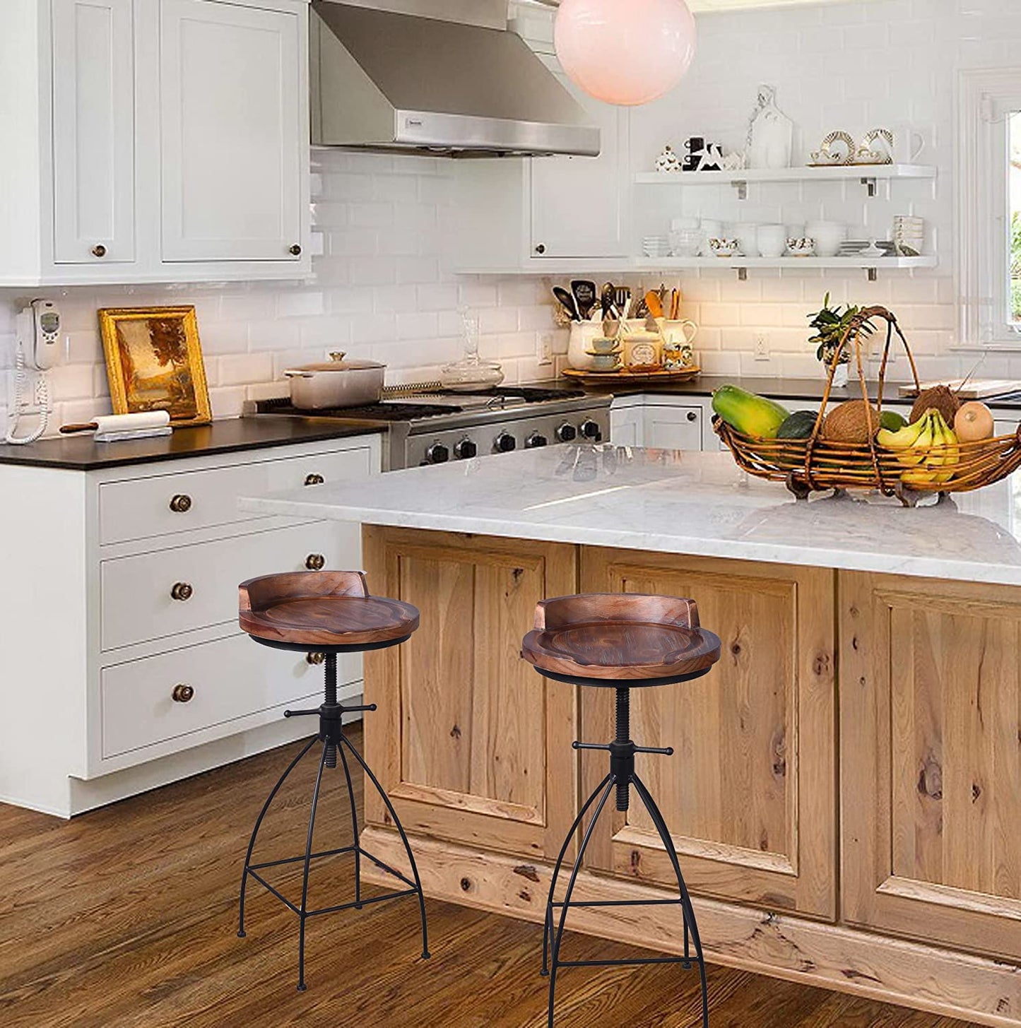 Industrial Vintage Rustic Bar Stool,Wooden Top Stool Kitchen Counter Height Adjustable,Iron Stoo,Swivel Stool,24 Inch,Low Backrest,Hump Surface,Fully Welded Set of 2 (Brown Wooden Top)