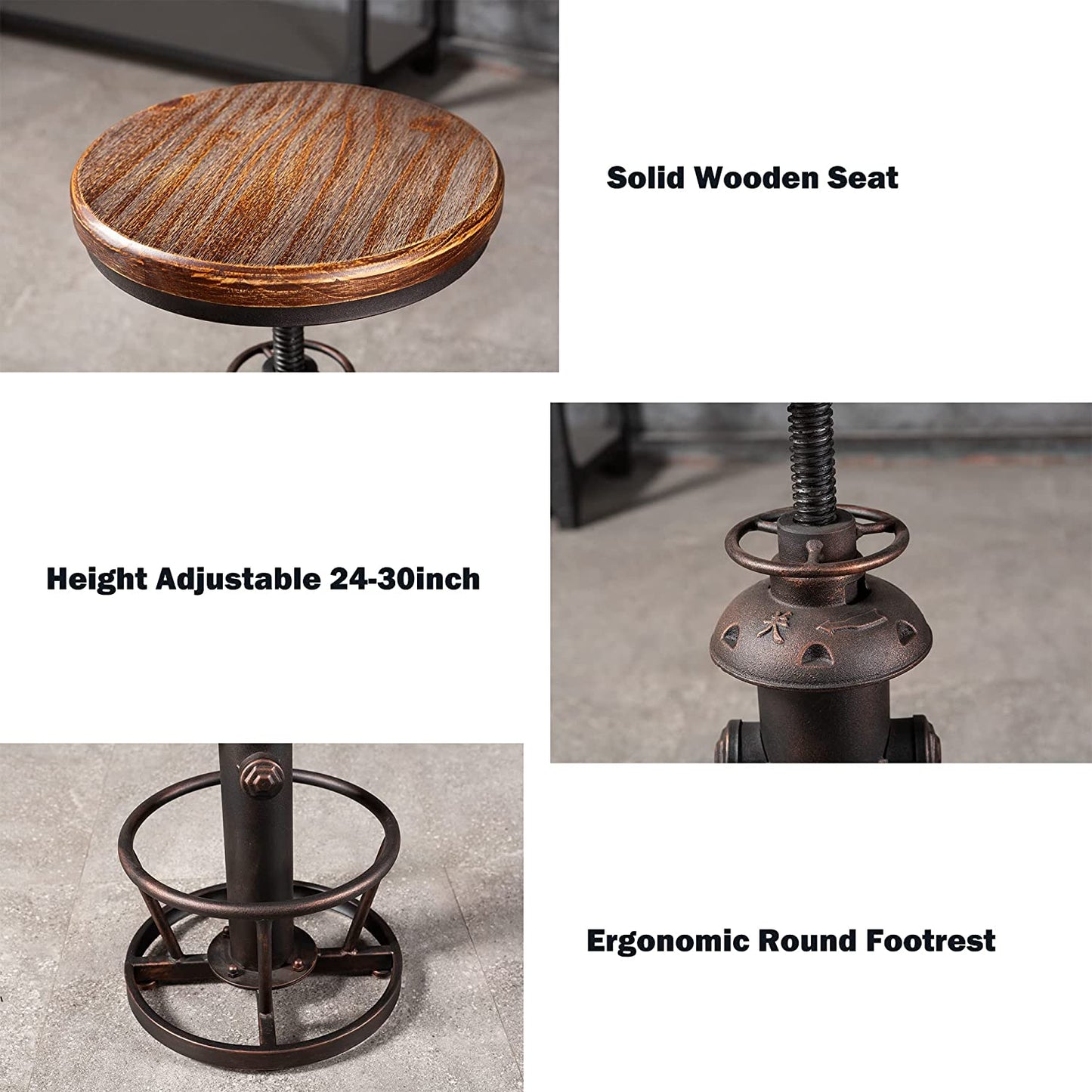 Industrial Bar Stools Kitchen Island Dining Chairs Swivel Wooden Seat Bar Counter Height Adjustable 25-31inch