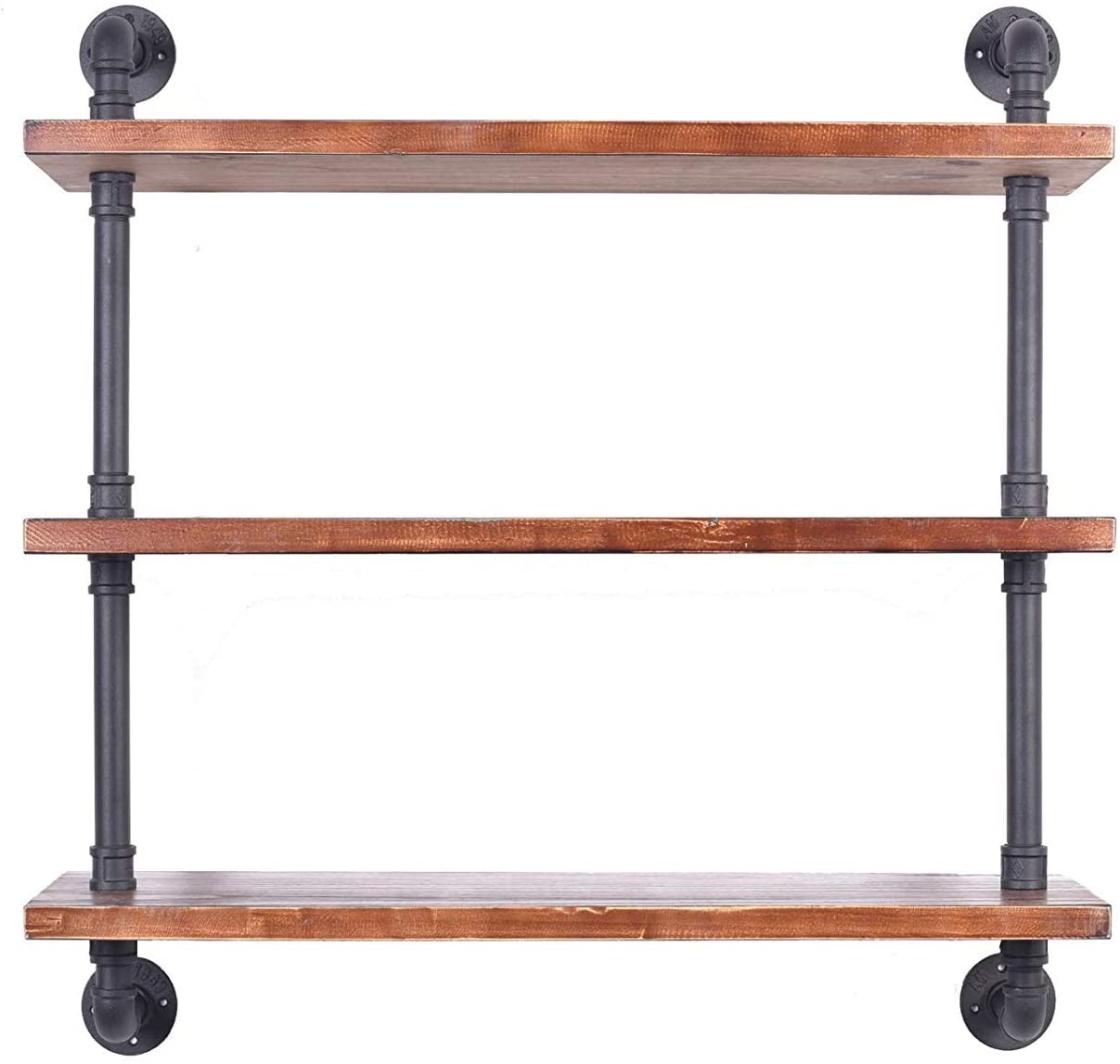 Industrial Pipe Shelving Bookshelf Rustic Modern Wood Ladder Storage Shelf 3 Tiers Retro Wall Mount Pipe Design DIY Shelving (Black, L 36")