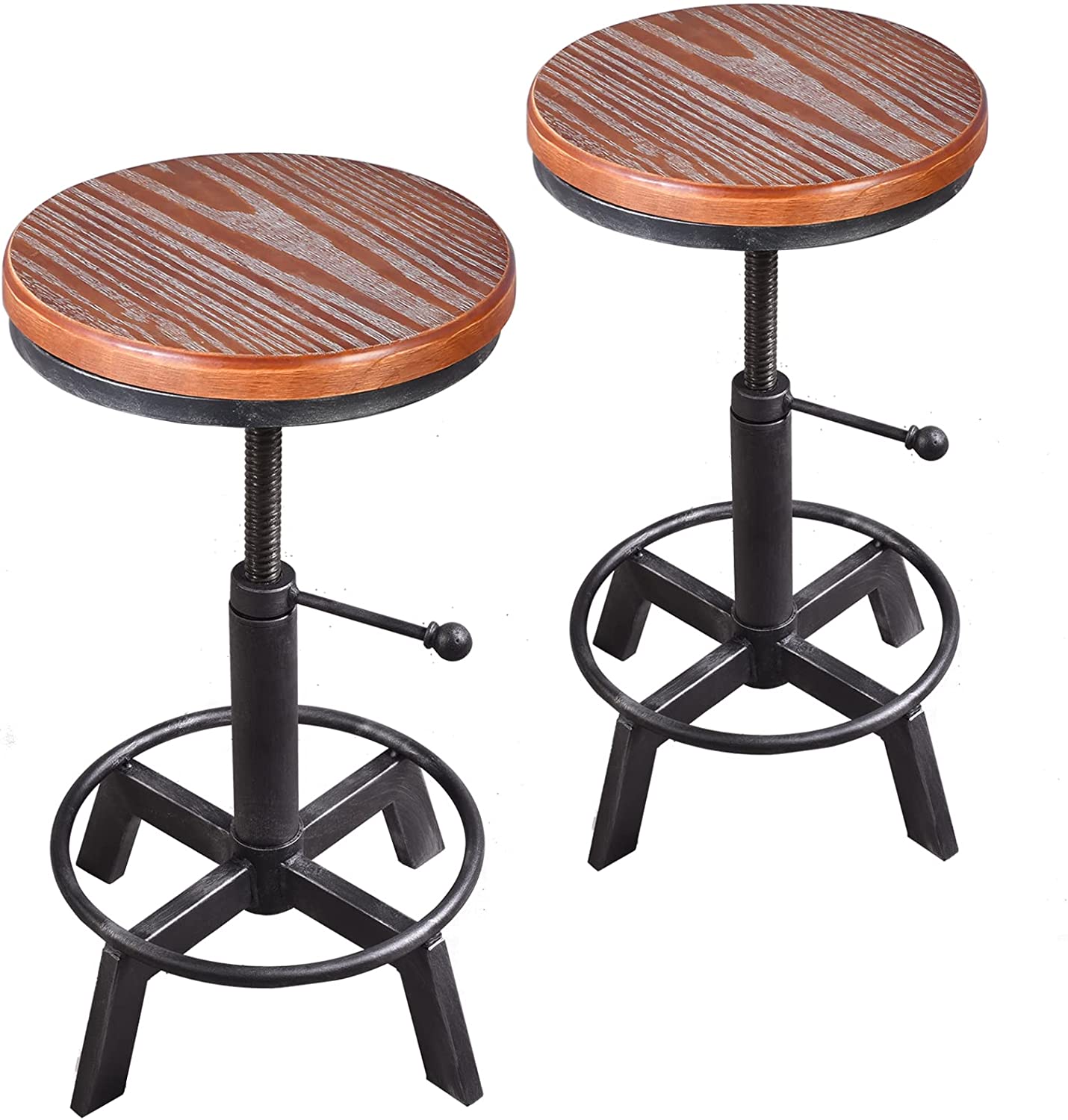 Set of 2-Industrial Bar Stool-Counter Height Chairs- Swivel Wooden Seat- Adjustable 17.7-24inch