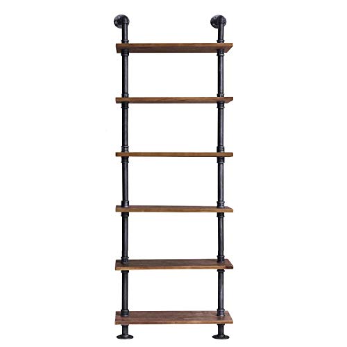 Industrial Pipe Shelves Rustic Modern Wood Ladder Bookcase with Metal Frame,Pipe Wall Shelf,Wood Storage,Home Decor,Display Shelving,Retro Floating Wood Shelving,6 Layer Bookshelf