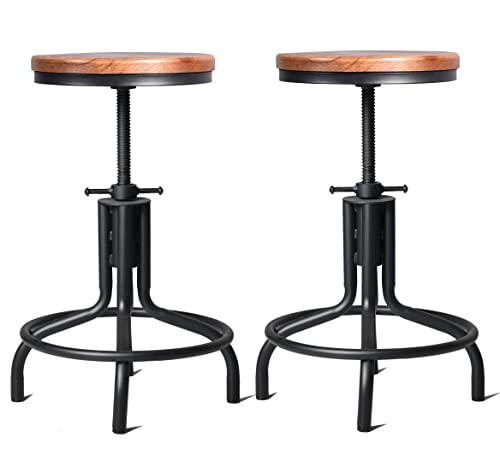 American Antique Industrial Design Metal Adjustable Height Kitchen Dining Breakfast Chair Industrial Style Bar Stool Fully Welded 18.5-22.4 inch Set of 2 (Black, Wooden Top)