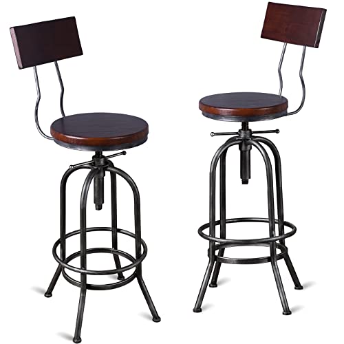 Set of 2 Industrial Swivel Bar Stools with Backrest 26-32 inch Height Adjustable Vintage Kitchen Dining Island Counter Stool Office Guest Chair