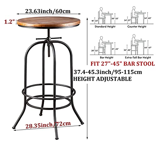 Industrial Bar Table-37.4 Inch-45.3 Inch Tall-Swivel Adjustable Bar Height Bistro Pub Table-23.7 Inch Round Wood Top Metal Base (Black/Brown)
