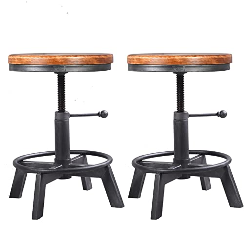 Set of 2-Industrial Bar Stool-Counter Height Chairs- Swivel Wooden Seat- Adjustable 17.7-24inch