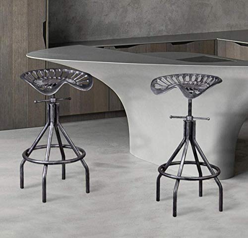Industrial Tractor Seat Barstools Farmhouse Cast Iron Adjustable Counter Height Stools Swivel Kitchen Saddle Bar Stools Set of 2 Metal Outdoor Black Brush Silver Dining Chair 24"-30"(SILVER)