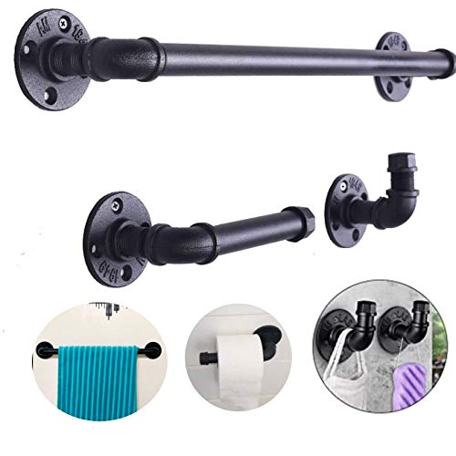 Industrial Pipe Bathroom Hardware Fixture Set by Pipe Decor 3 Piece Kit Includes Robe Hook 18 Inch Towel Bar and Toilet Paper Holder Heavy Duty DIY Style Modern Chic Electroplated Black Finish