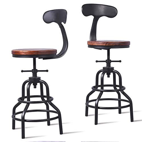 Adjustable Swivel Kitchen Counter Stool with Backs-20.47"-25.59" Tall Rustic Farmhouse Industrial Bar Stools Set of 2 Breakfast Dining Cafe Stool,Welded Legs Black Metal Wooden Seat