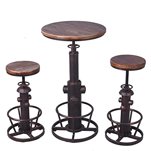 Industrial Bar Table and Bar Stools Set Vintage Bistro Table Set with 2 Bar Chairs Height Adjustable 38-44inch Swivel Wooden Top for Kitchen Dining Room Coffee House