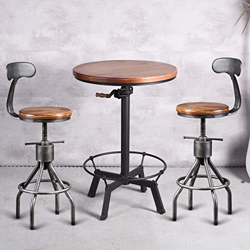 Bistro Bar Table(33.47-39.37inch) and Bar Stools Set(23-33inch) Height Adjustable Crank Handle Round Table Industrial Bar Chairs with Backrest