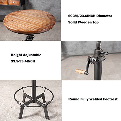 Bistro Bar Table(33.47-39.37inch) and Bar Stools Set(23-33inch) Height Adjustable Crank Handle Round Table Industrial Bar Chairs with Backrest