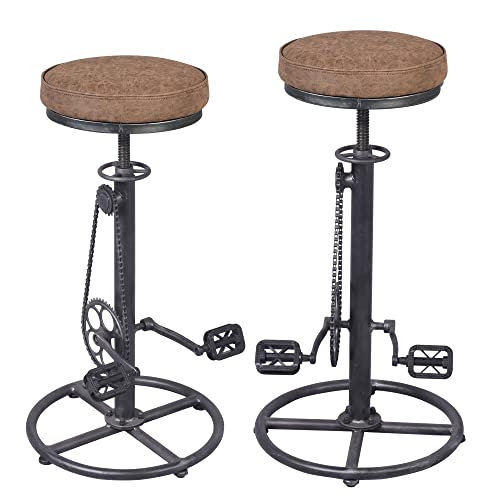 Set of 2 Vintage Bike Design Bar Stools Industrial Swivel PU Seat Extra Height Adjustable 29-37inch Kitchen Island Counter Dining Chair Pedal as Footrest
