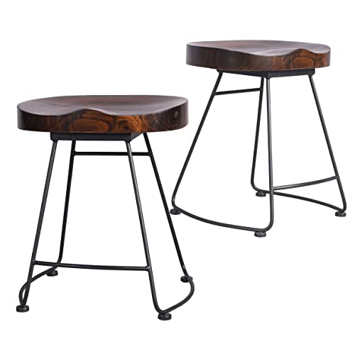 Set of 2 Rustic Saddle Seat Barstools with Tubular Metal Base,Retro Country Style Bar Chair,Kitchen Island Stool,Easy Assembly I Backless,with Footrest,18.5Inch