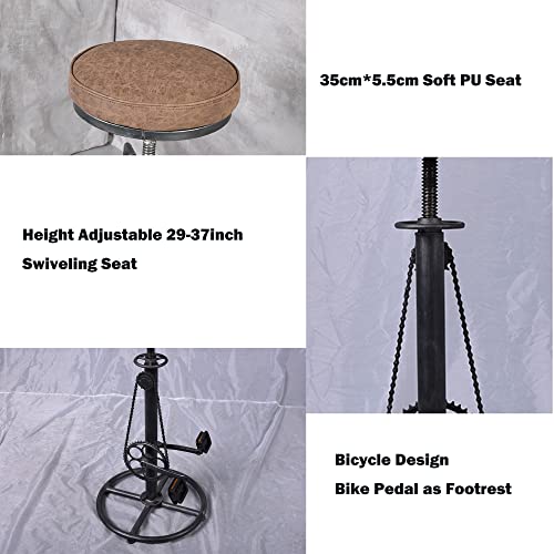 Set of 2 Vintage Bike Design Bar Stools Industrial Swivel PU Seat Extra Height Adjustable 29-37inch Kitchen Island Counter Dining Chair Pedal as Footrest