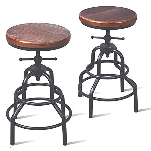 American Antique Industrial Design Metal Adjustable Height Bar Stool Chair Kitchen Dining Breakfast Chair Natural Pinewood Industrial Style (Black 2pcs)