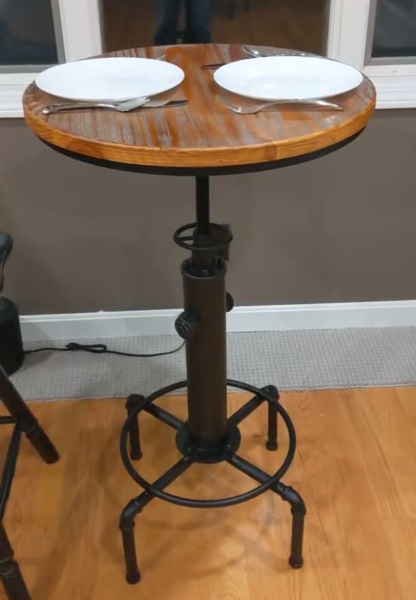Industrial Bar Table Set for 2, Round Pub Table with 2 Stools, Height Adjustable, Wood Top with Black Metal Base, 23.62 Inch Diameter