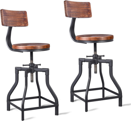 Bar Stools with Backs Set of 2-Adjustable Swivel Farmhouse Kitchen Counter Breakfast Stools-19-23 Inch Seat Height Short Industrial Barstools-Matte Black Metal Brown Finish Wood-Heavy Duty