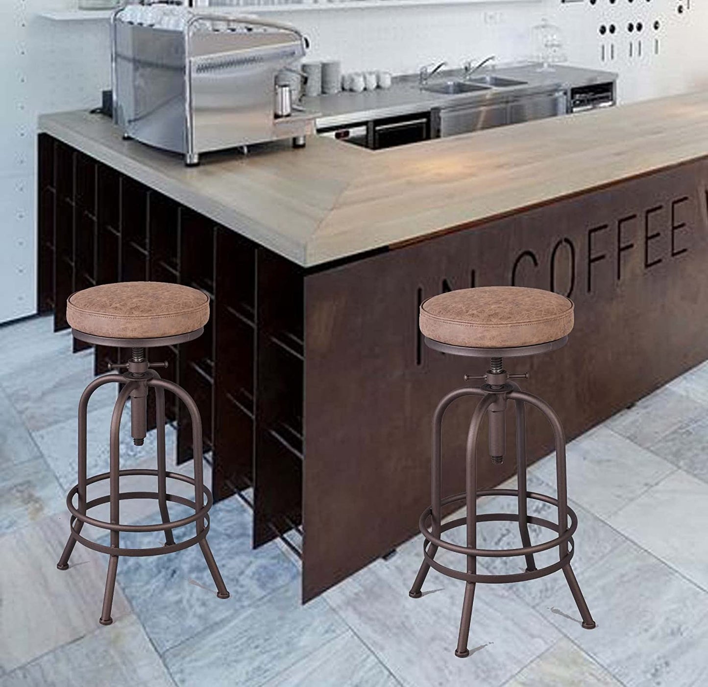 Industrial Bar Stool 26-32 Inch Adjustable Swivel Metal PU Leather Stool Counter Height Bar Stool with Footrest-for Kitchen,Dining Side Chair,Pub,Bistro Copper