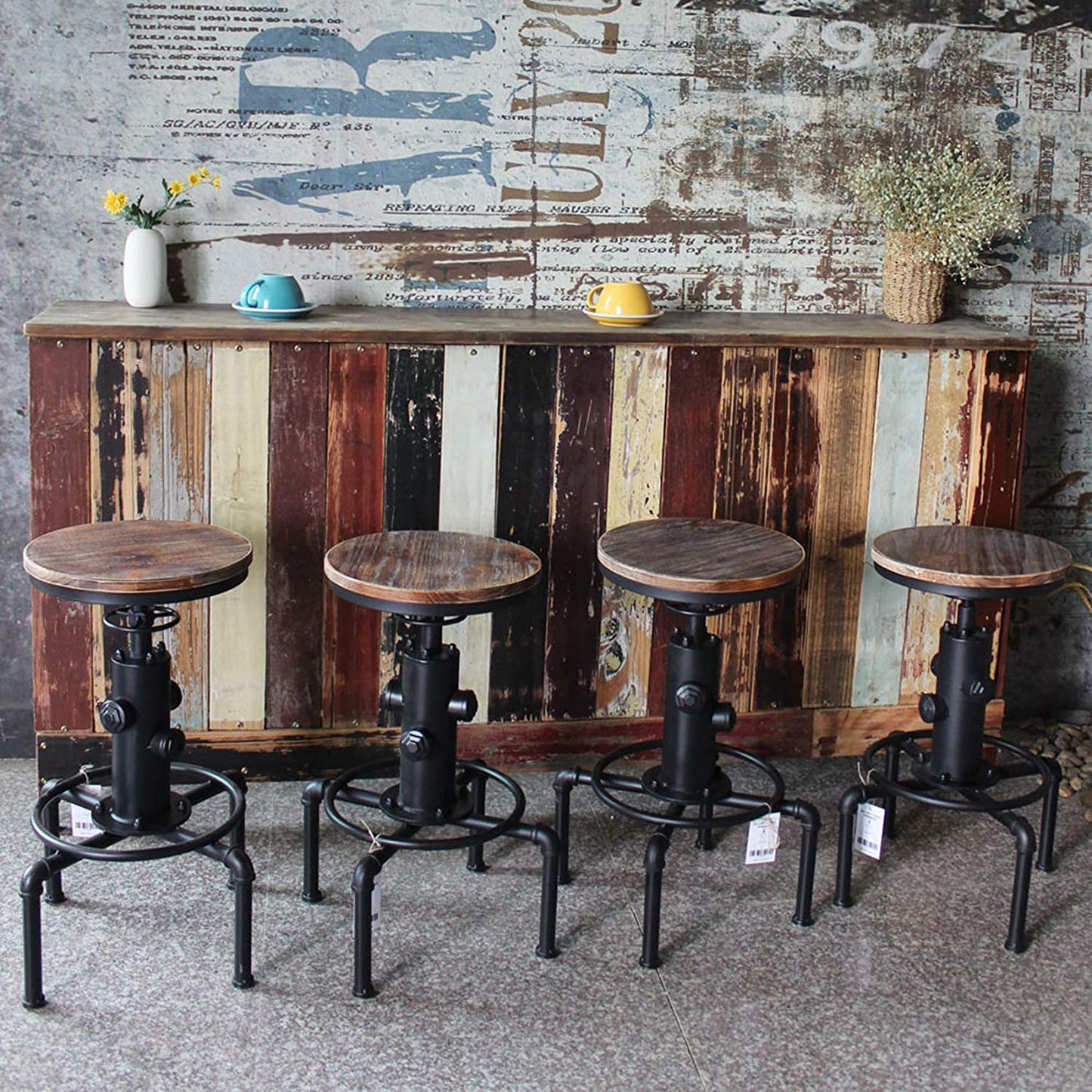 Vintage Industrial Bar Stools,Kitchen Counter Bar Stool Height Adjustable 23.6"-29.5" Swivel Bar Stool, Solid Wood Water Pipe Fire Cafe Pub Bar Stool,Set of 2, Black