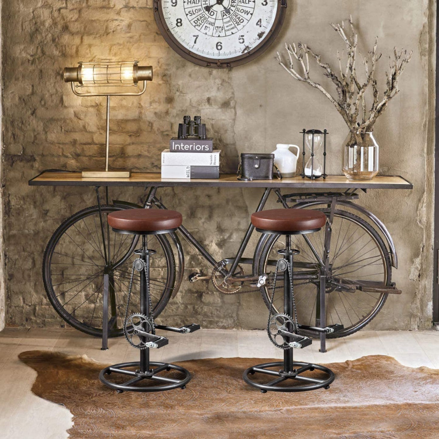 Vintage DIY Bar Stool Bicycle Chain Iron Pedal Retro Industrial Height Adjustable Bicycle Wheel Design bar Chair