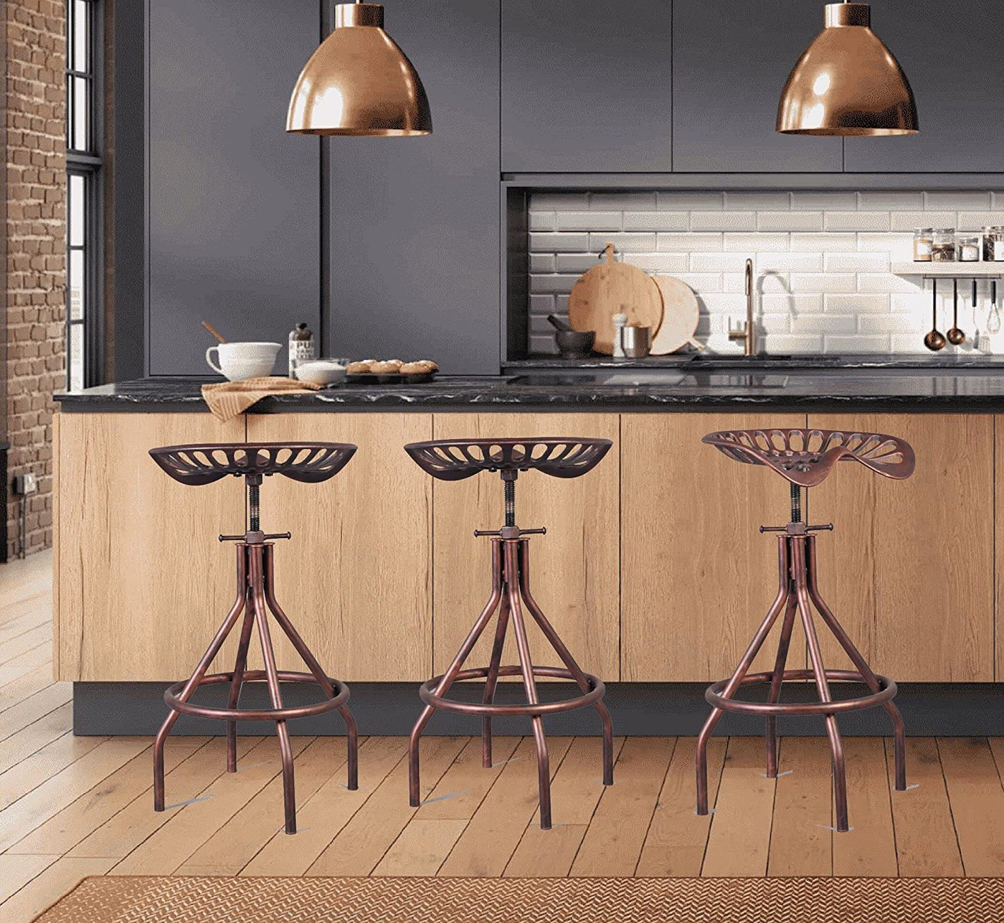 Rustic Farmhouse Barstool Tractor Seat Adjustable Bar Stool Industrial Pub Stool Copper Set of 2
