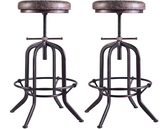 Set of 2 Industrial Bar Stool,Kitchen Stool-Adjustable Swivel Vintage Pu Leather Bar Stool-Rustic Bar Stool with Cushion Seat-Metal Iron Pipe Stool-Extra Tall Pub Height 25.39-31.29 Inch,Fully Welded