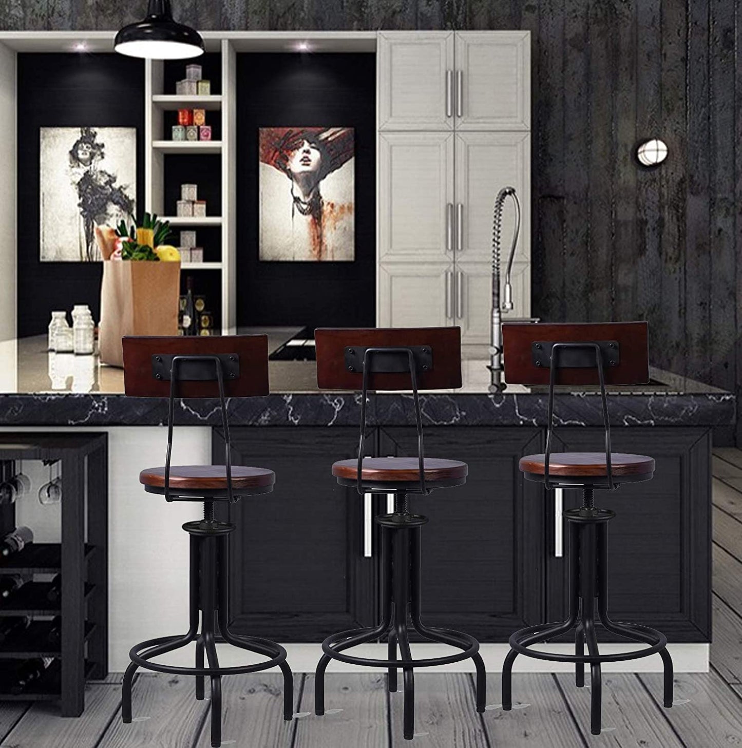 American Industrial Antique Design Adjustable Height Kitchen Dining Breakfast Chair Metal Bar Stool with Backrest Fully Welded Set of 2