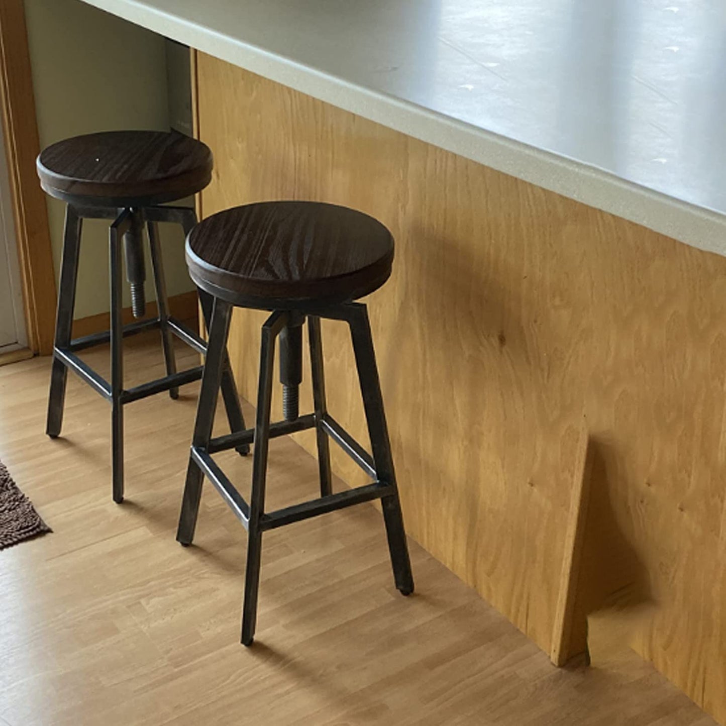 Set of 2 Bar Stools, 25.6-31.5inch Adjustable Height Swivel Counter Height Bar Chair, Retro Finish Industrial Style Wood Barstools with Backrest, Walnut Color…