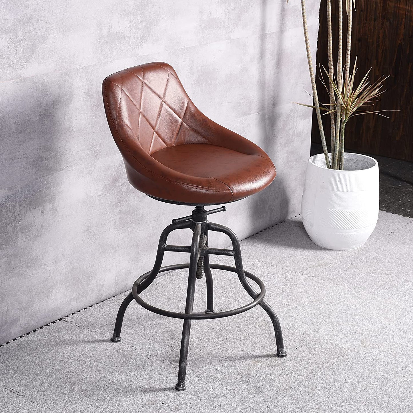 Industrial PU Round Bar Stool with Back Rest Metal Counter Height Adjustable Swivel Pub Chair Home Kitchen Bar stools with Footrest 22.45-27.2 Inch Silver