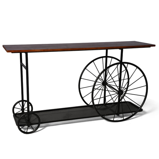 Console Table 59.1”, 2-Tier Industrial Entryway Table with Wheels, Narrow Entrance Sofa Table with Shelves, Hallway, Living Room, Foyer, Corridor, Office, Rustic Brown and Black