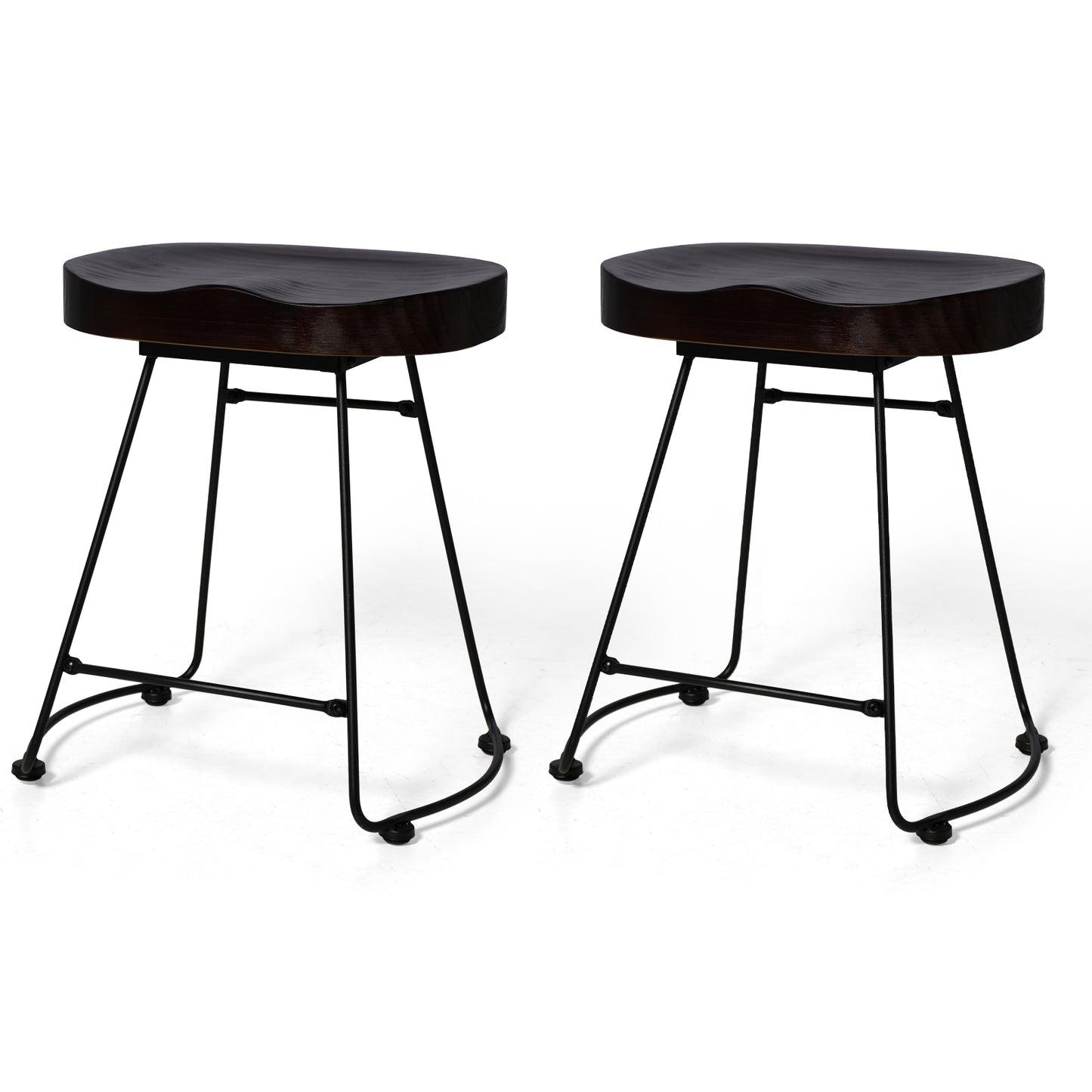 Set of 2 Modern Bar Stools, American Retro Country Style Dining Chairs, Mid Century Wooden Saddle Top Short Bar stool with Tubular Metal Base, 19.29 Inches
