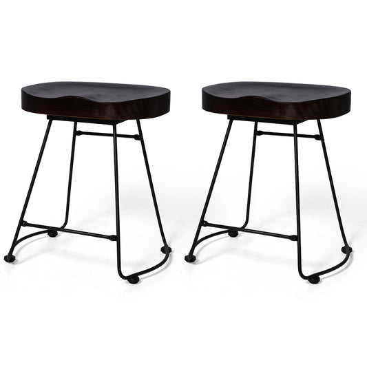 Set of 2 Modern Bar Stools, American Retro Country Style Dining Chairs, Mid Century Wooden Saddle Top Short Bar stool with Tubular Metal Base, 19.29 Inches