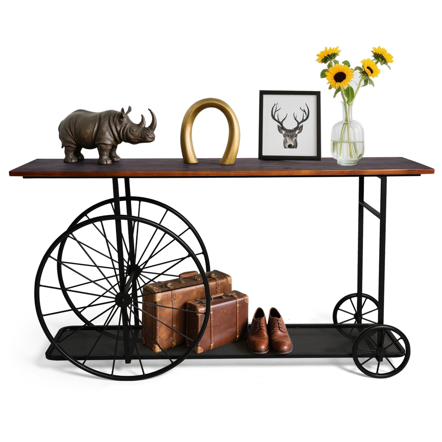 Console Table 59.1”, 2-Tier Industrial Entryway Table with Wheels, Narrow Entrance Sofa Table with Shelves, Hallway, Living Room, Foyer, Corridor, Office, Rustic Brown and Black