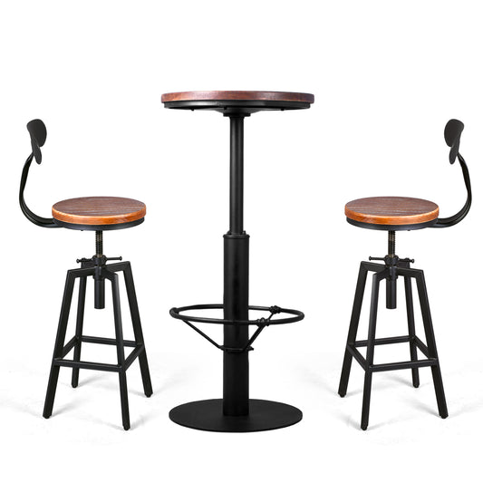 SET OF 3, Farmhouse Bar Table(42.2inch) and 2 Bar Stools with  Backrest(25.6-31.5inch ) Pub Bistro Table for Kitchen Dinning Room Coffee House Office(BLACK)