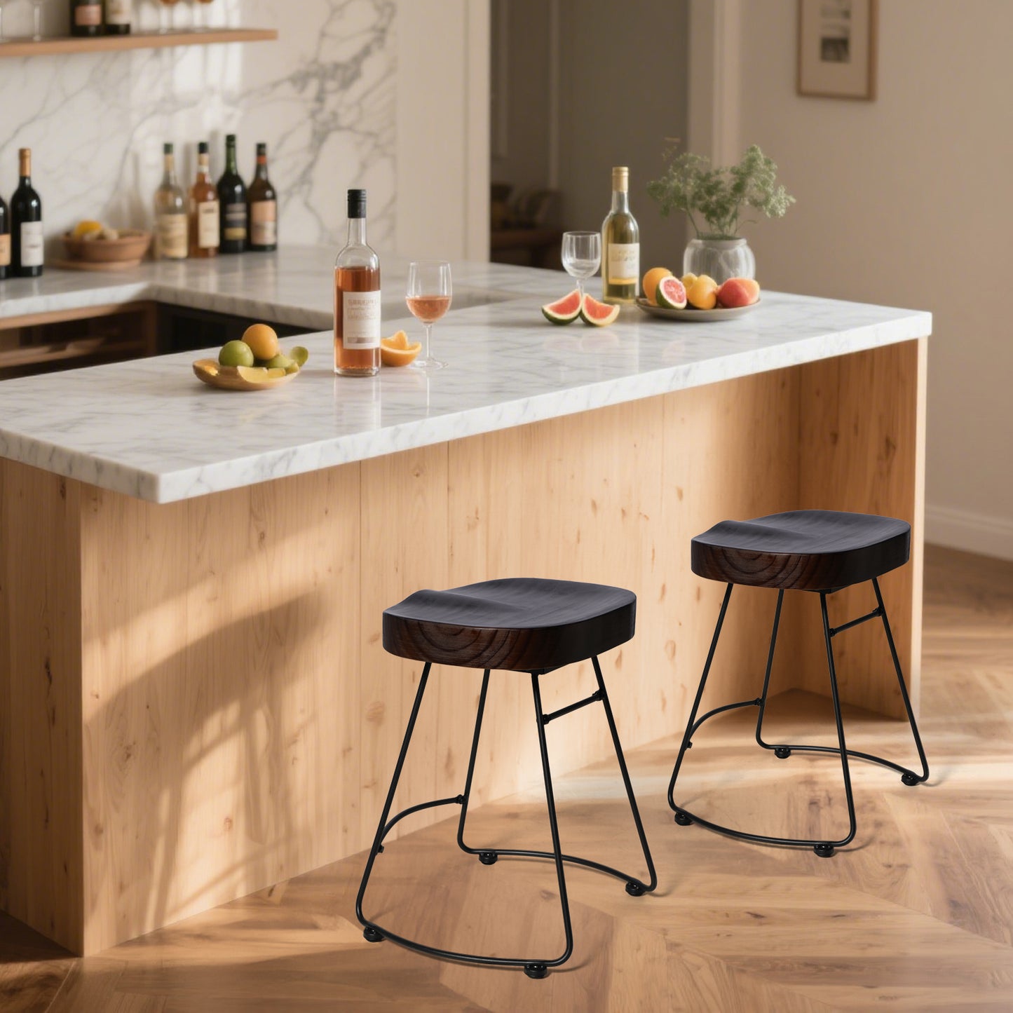 Set of 2 Modern Bar Stools, American Retro Country Style Dining Chairs, Mid Century Wooden Saddle Top Short Bar stool with Tubular Metal Base, 19.29 Inches