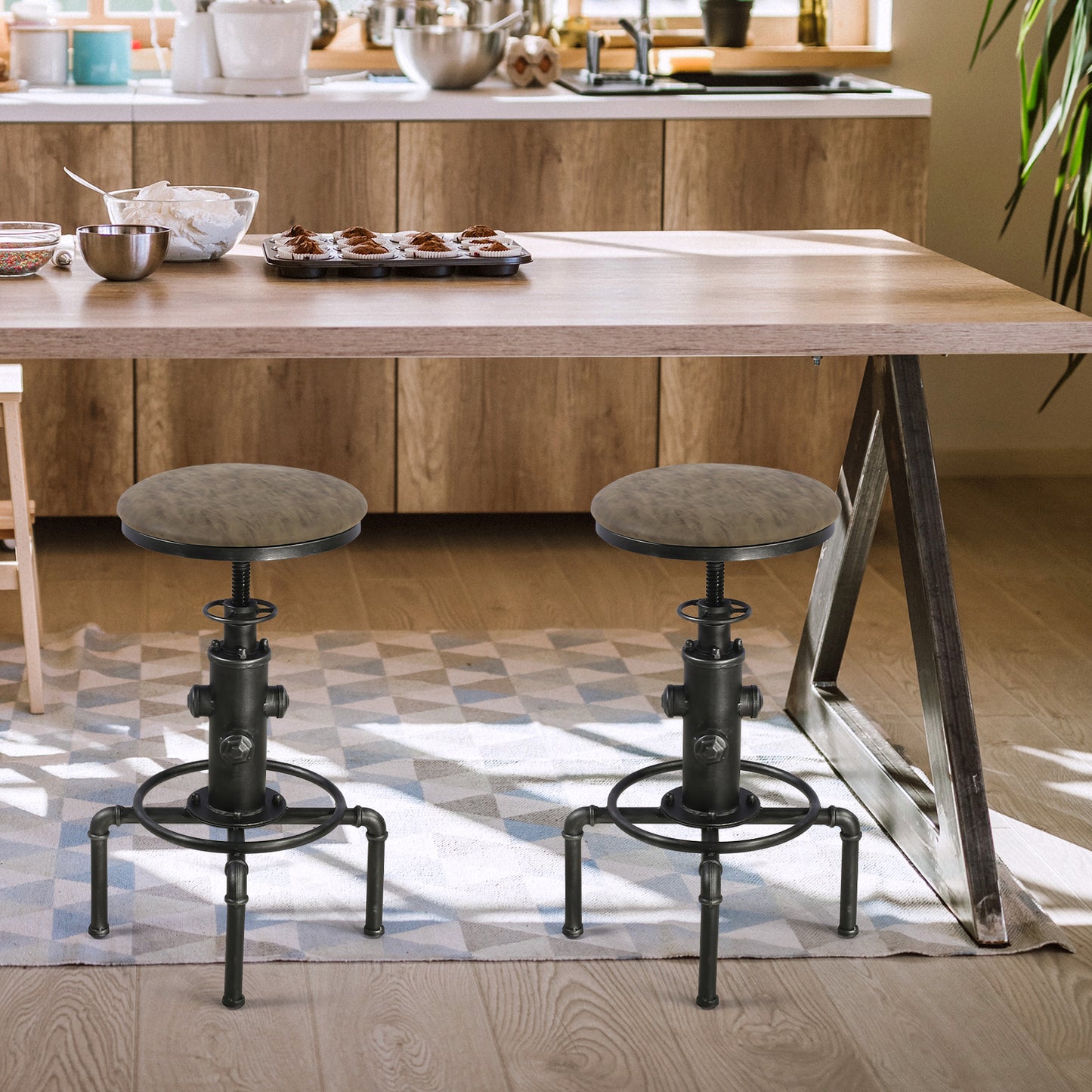 Set of 2,Antique Vintage Industrial Bar Stool PU Leather Water Pipe Fire Hydrant Design Cafe Coffee Industrial Bar Stool