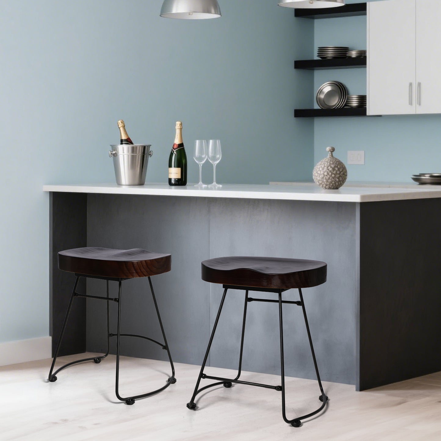 Set of 2 Modern Bar Stools, American Retro Country Style Dining Chairs, Mid Century Wooden Saddle Top Short Bar stool with Tubular Metal Base, 19.29 Inches