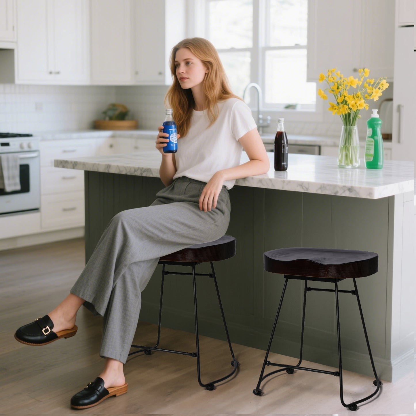 Set of 2 Modern Bar Stools, American Retro Country Style Dining Chairs, Mid Century Wooden Saddle Top Short Bar stool with Tubular Metal Base, 19.29 Inches