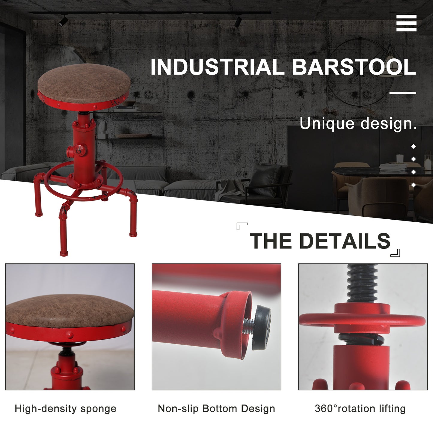 Set of 4,Antique Vintage Industrial Bar Stool PU Leather Water Pipe Fire Hydrant Design Cafe Coffee Industrial Bar Stool