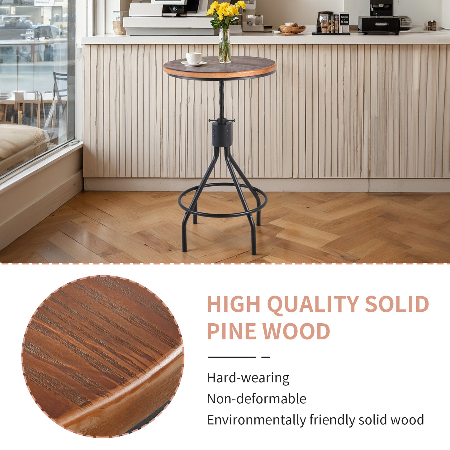 Industrial Bar Table 30.31-36.22inch Height Adjustable Swivel Wooden Top Vintage Breakfast Dining Table Farmhouse Cocktail Bistro Pub Table