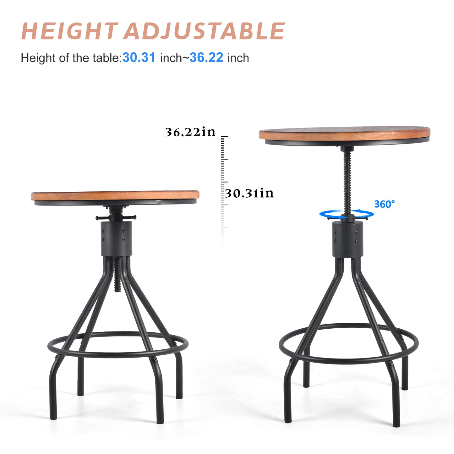 Industrial Bar Table 30.31-36.22inch Height Adjustable Swivel Wooden Top Vintage Breakfast Dining Table Farmhouse Cocktail Bistro Pub Table