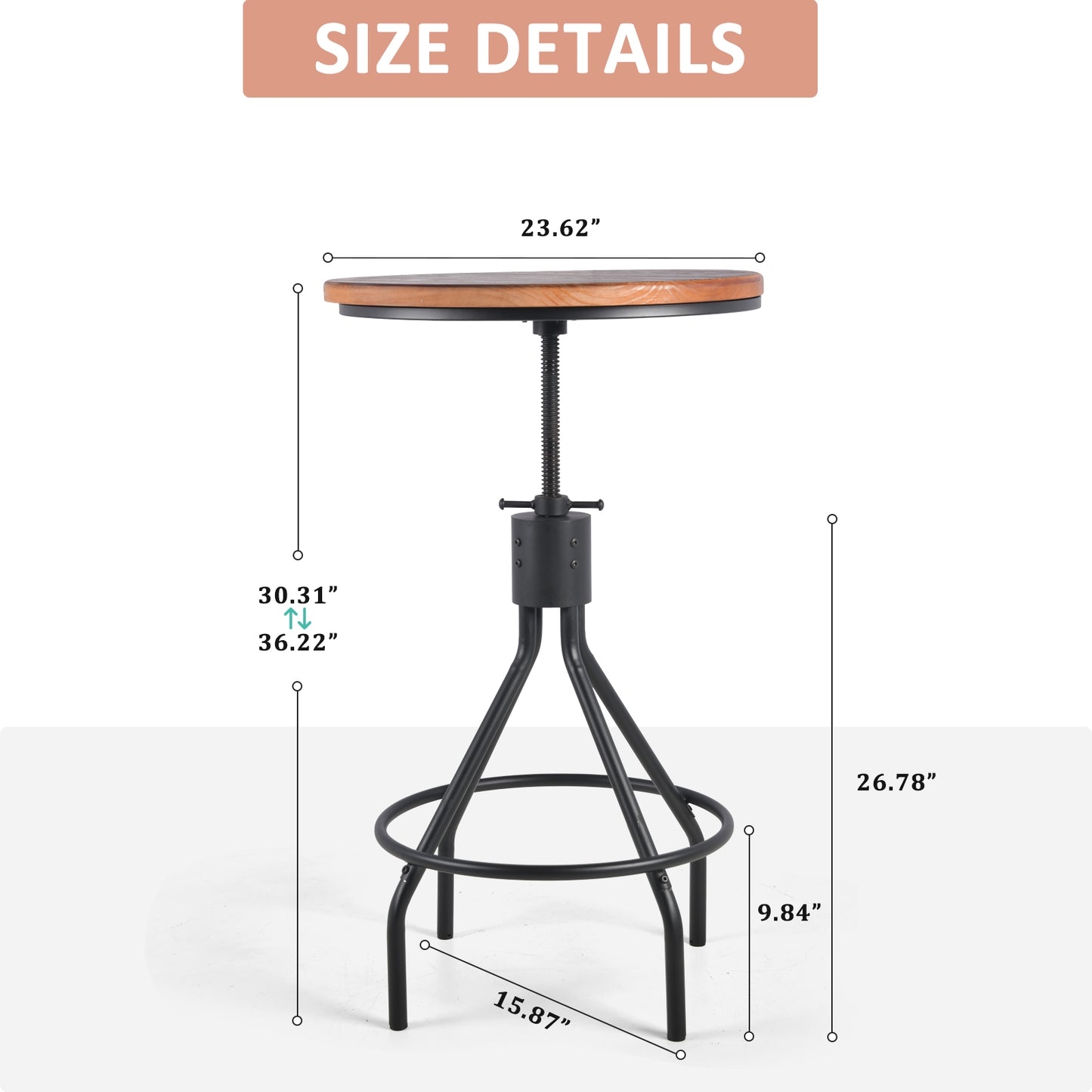 Industrial Bar Table 30.31-36.22inch Height Adjustable Swivel Wooden Top Vintage Breakfast Dining Table Farmhouse Cocktail Bistro Pub Table
