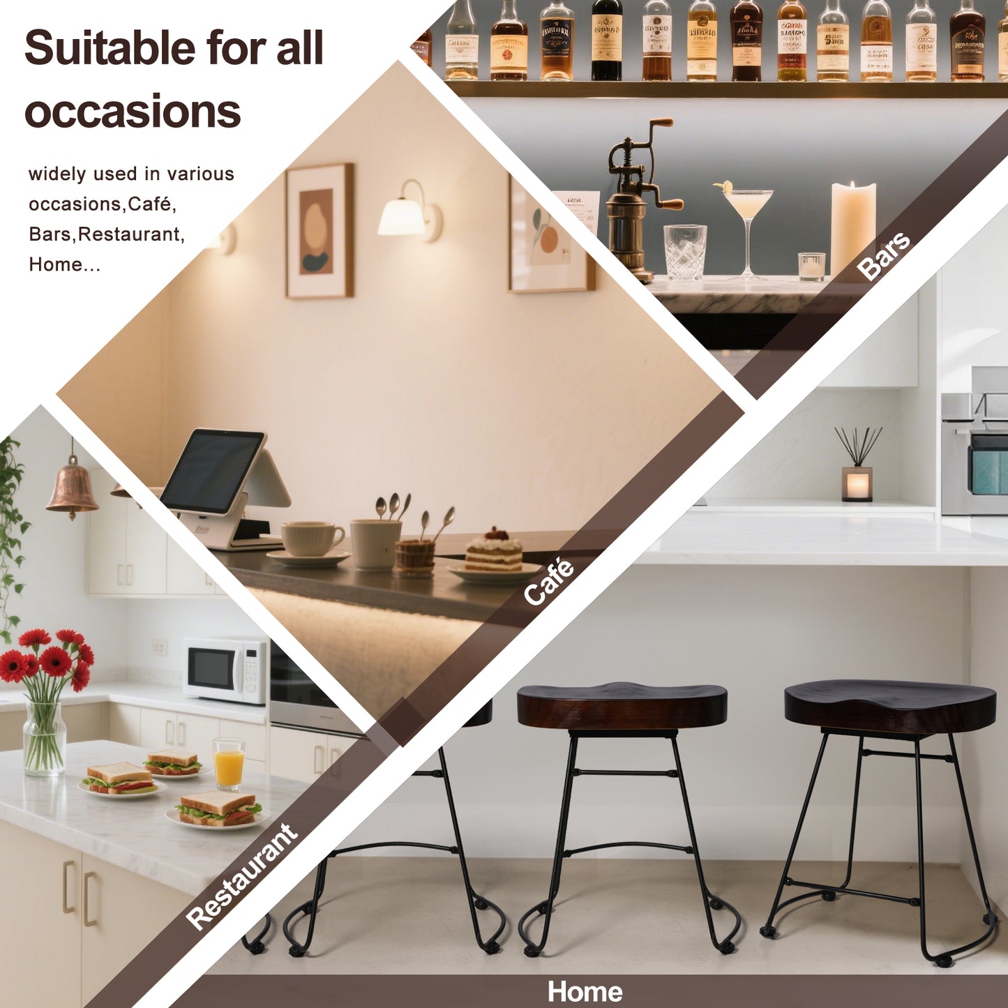 Set of 2 Modern Bar Stools, American Retro Country Style Dining Chairs, Mid Century Wooden Saddle Top Short Bar stool with Tubular Metal Base, 19.29 Inches