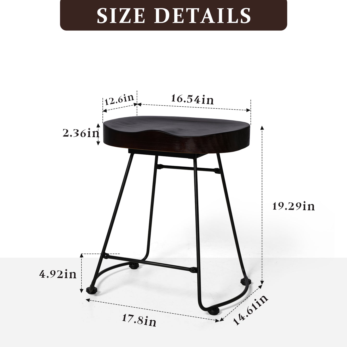 Set of 2 Modern Bar Stools, American Retro Country Style Dining Chairs, Mid Century Wooden Saddle Top Short Bar stool with Tubular Metal Base, 19.29 Inches